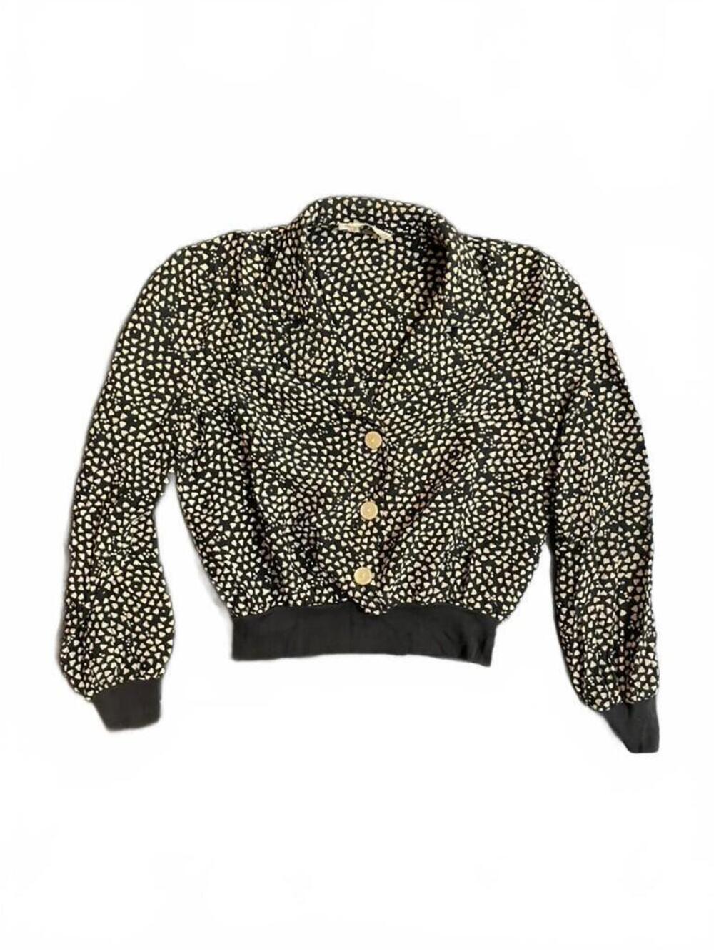 Vintage Valentino Black Silk Heart Print Button-Up Blouse Size 8
